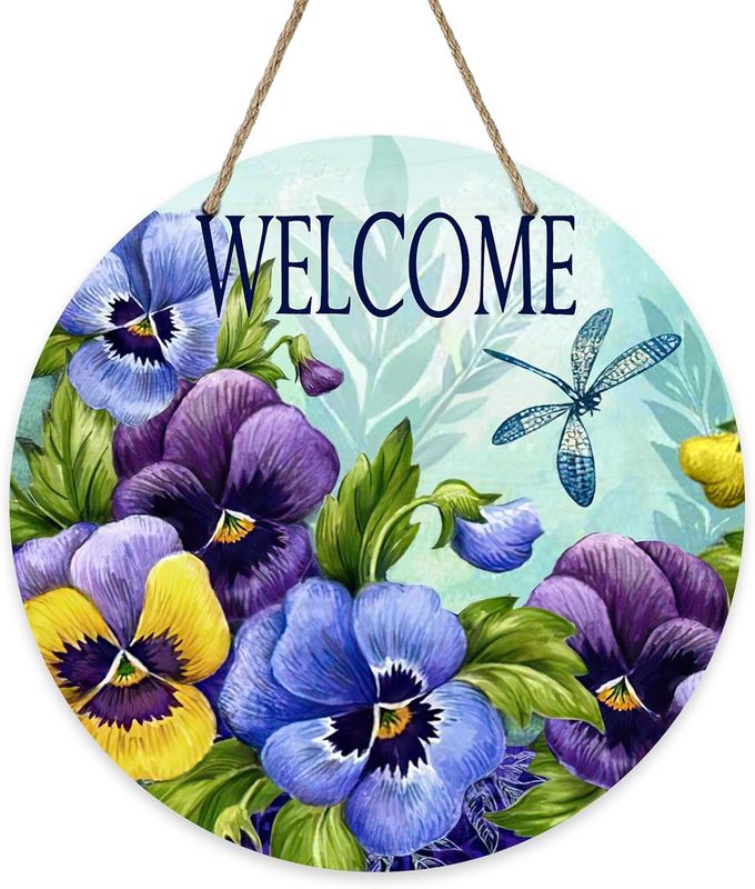 WOODEN DOOR HANGER - PANSIES WELCOME - PURPLE