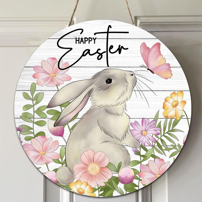 WOODEN DOOR HANGER - HAPPY EASTER BUNNY &amp; FLOWERS