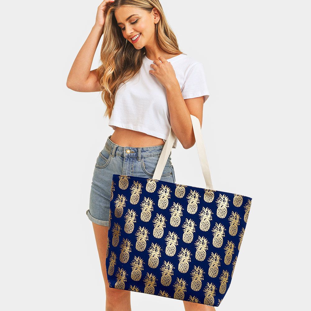 Metallic Pineapple Patterned Beach Tote Bag - NAVY