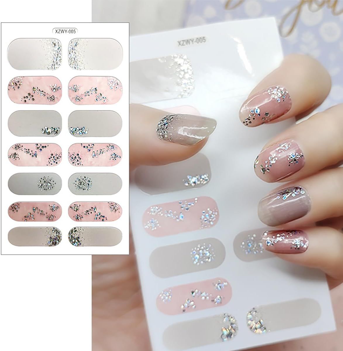 NAIL WRAPS - PINK and GRAY with APPLIQUE