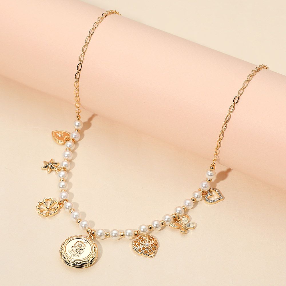 Flower Embossed Locket Butterfly Heart Star Charm Station Pearl Beaded Necklace