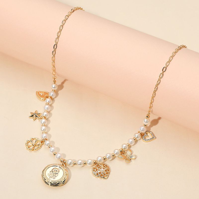 Flower Embossed Locket Butterfly Heart Star Charm Station Pearl Beaded Necklace