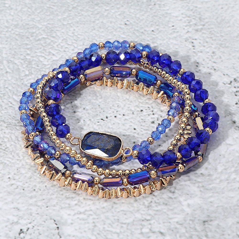 5PCS - Stone Charm Pointed Metal Ball Faceted Beaded Stretch Multi Layered Bracelet Set-BLUE Size : 0.8&quot; H