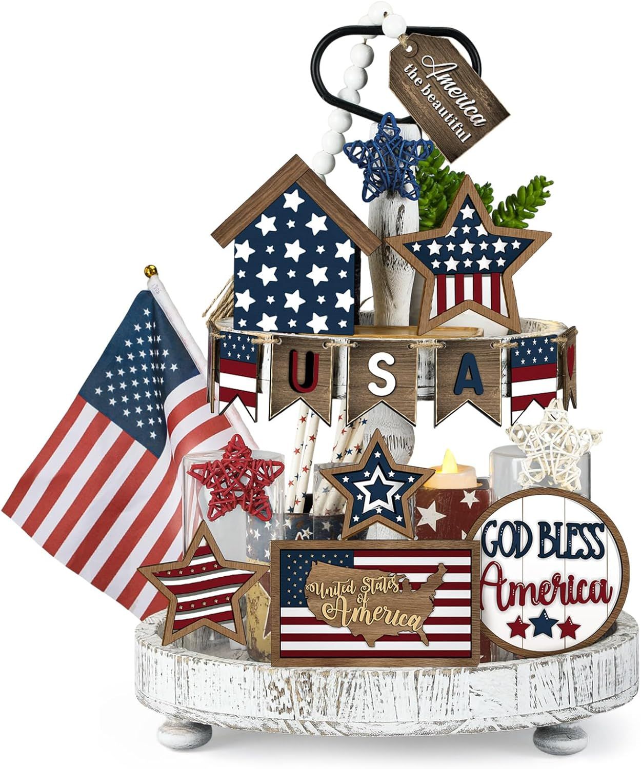 Tiered Tray Decor Set -   RUSTIC PATRIOTIC 18 PIECE SET