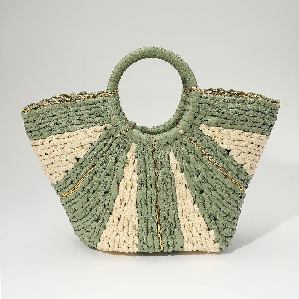 Woven Raffia Round Handle Tote Bag - OLIVE