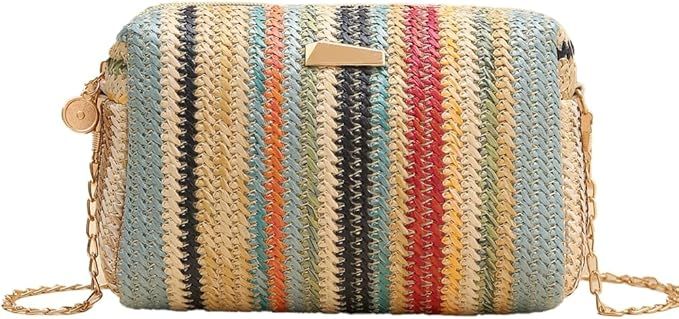 Straw Striped Crossbody Purse - BLUE