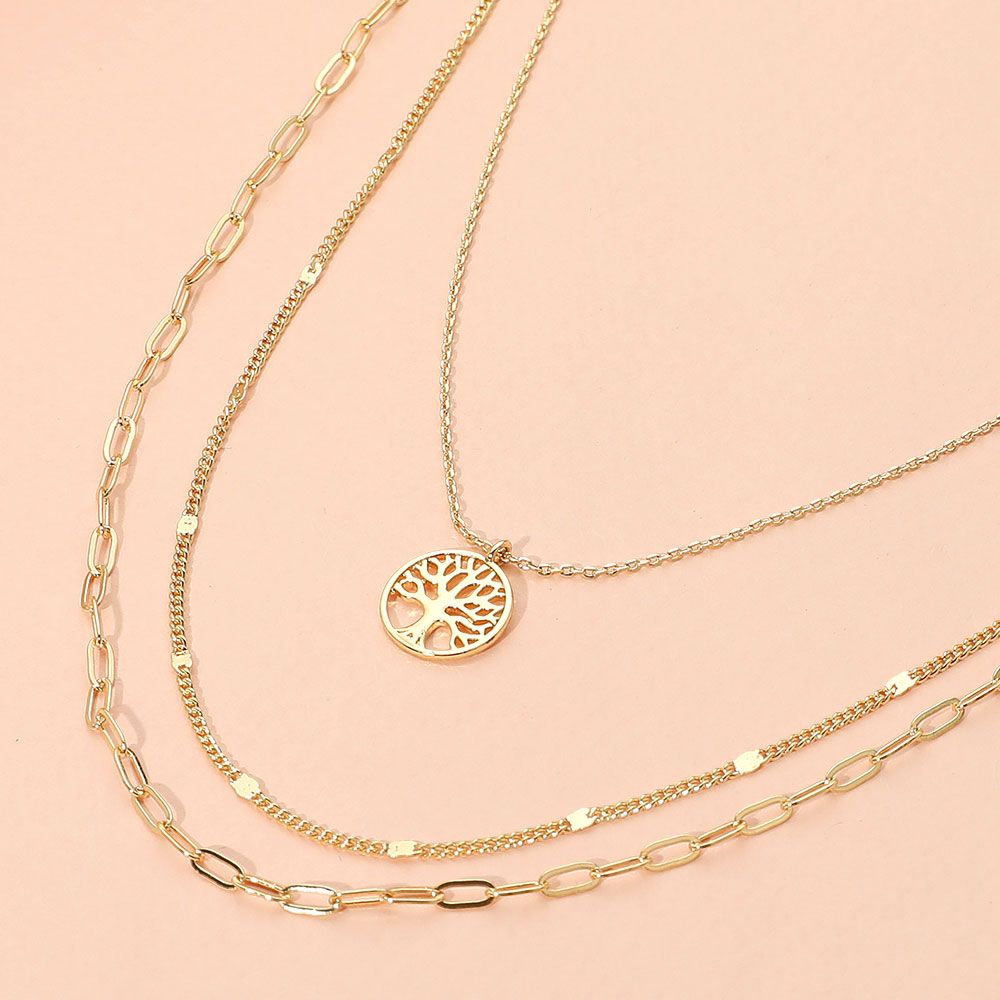 Tree of Life Pendant Accent Triple Layered Necklace - GOLD