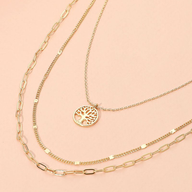 Tree of Life Pendant Accent Triple Layered Necklace - GOLD