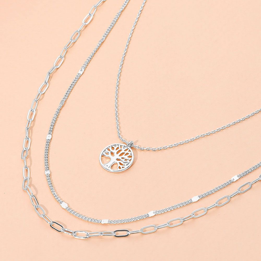 Tree of Life Pendant Accent Triple Layered Necklace- SILVER