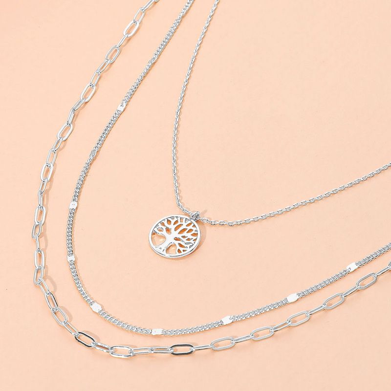 Tree of Life Pendant Accent Triple Layered Necklace- SILVER