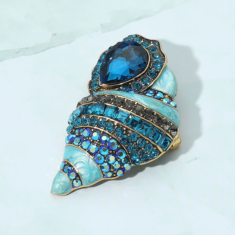 Stone Embellished Enamel Conch Seashell Pin Brooch-BLUE
