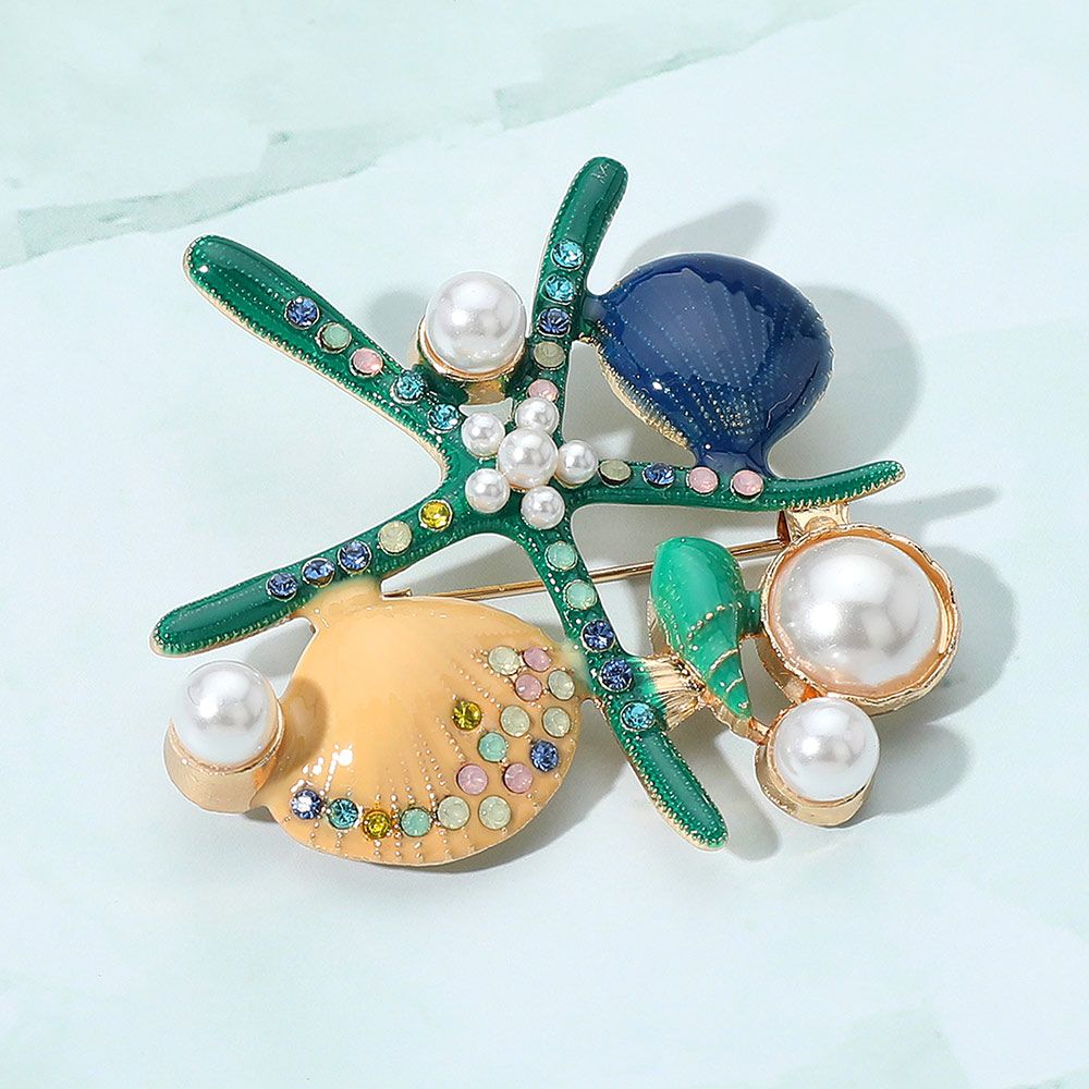 Pearl Pointed Enamel Starfish Shell Pin Brooch-BLUE
