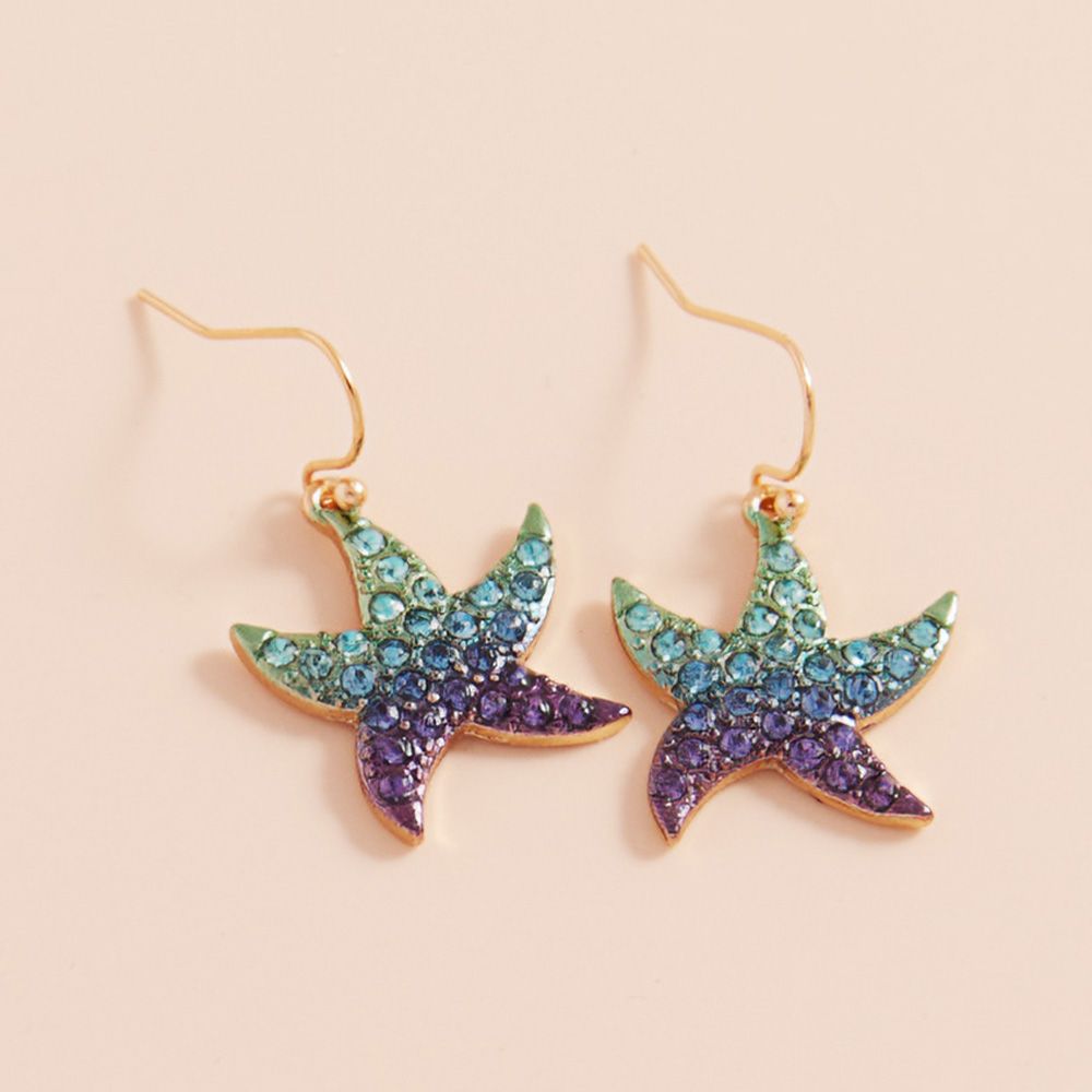 Stone Paved Colored Metal Starfish Dangle Earrings - BLUE