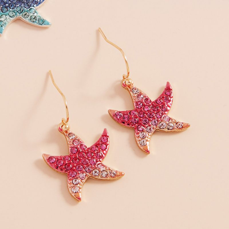 Stone Paved Colored Metal Starfish Dangle Earrings - PINK