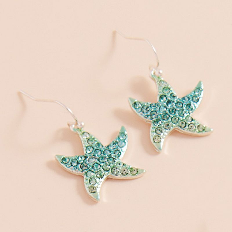Stone Paved Colored Metal Starfish Dangle Earrings - TEAL