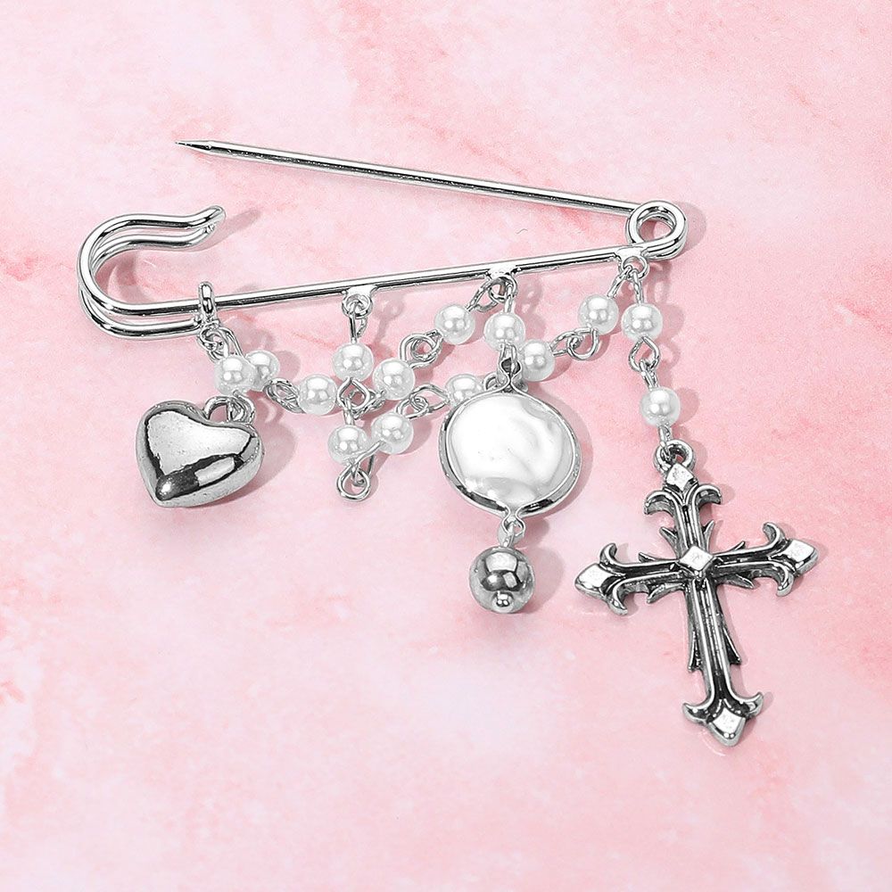 Vintage Antique Metal Cross Heart Pearl Chain Accent Safety Pin Brooch - SILVER