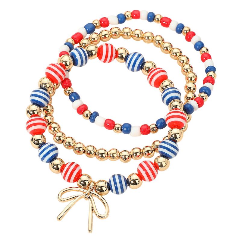 3PCS - Metal Wire Bow Charm Accent USA Beaded Stretch Multi Layered Bracelets