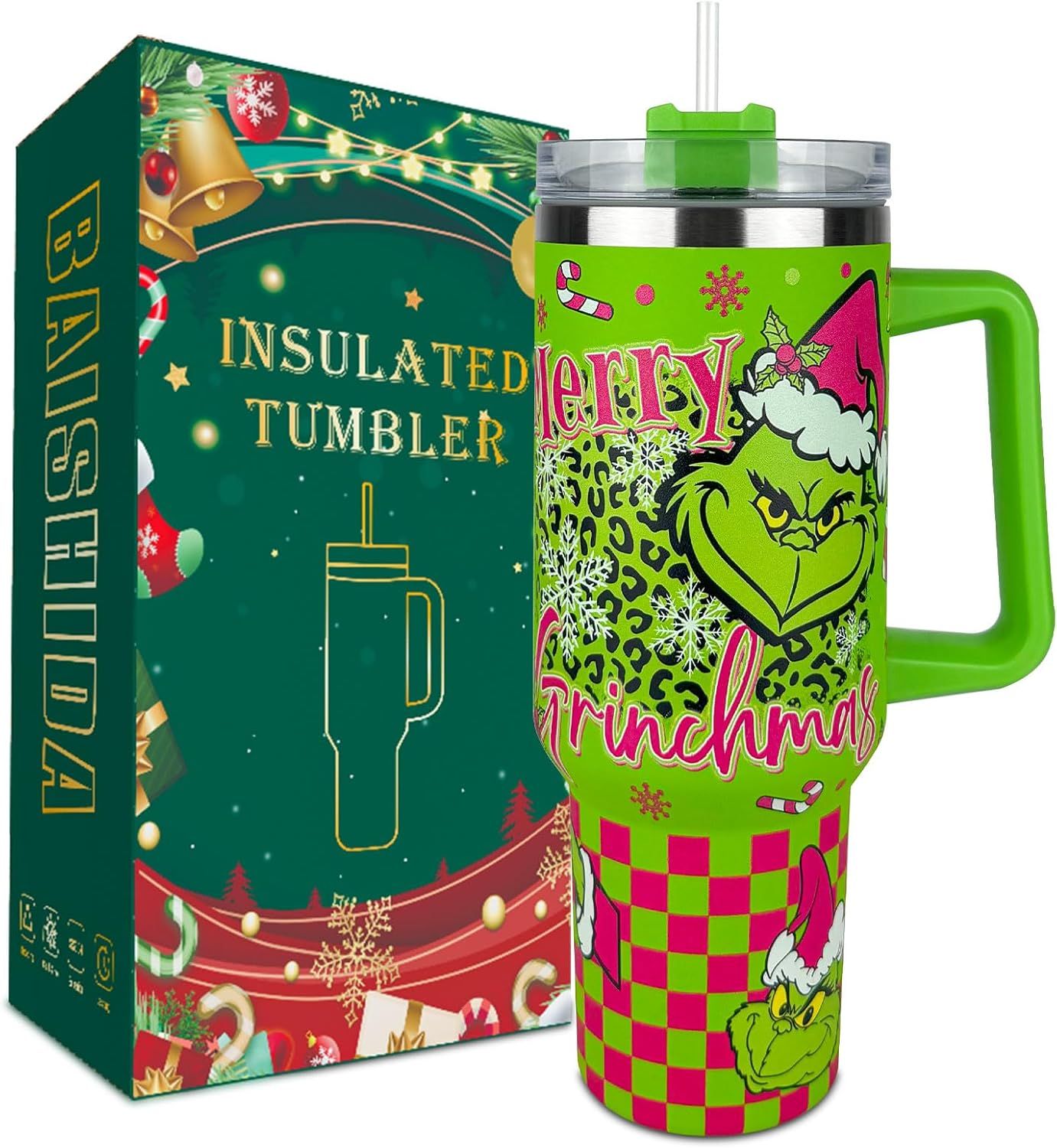 40 oz Christmas Stainless Steel Tumbler with Lid and Straw-Merry Grinchmas