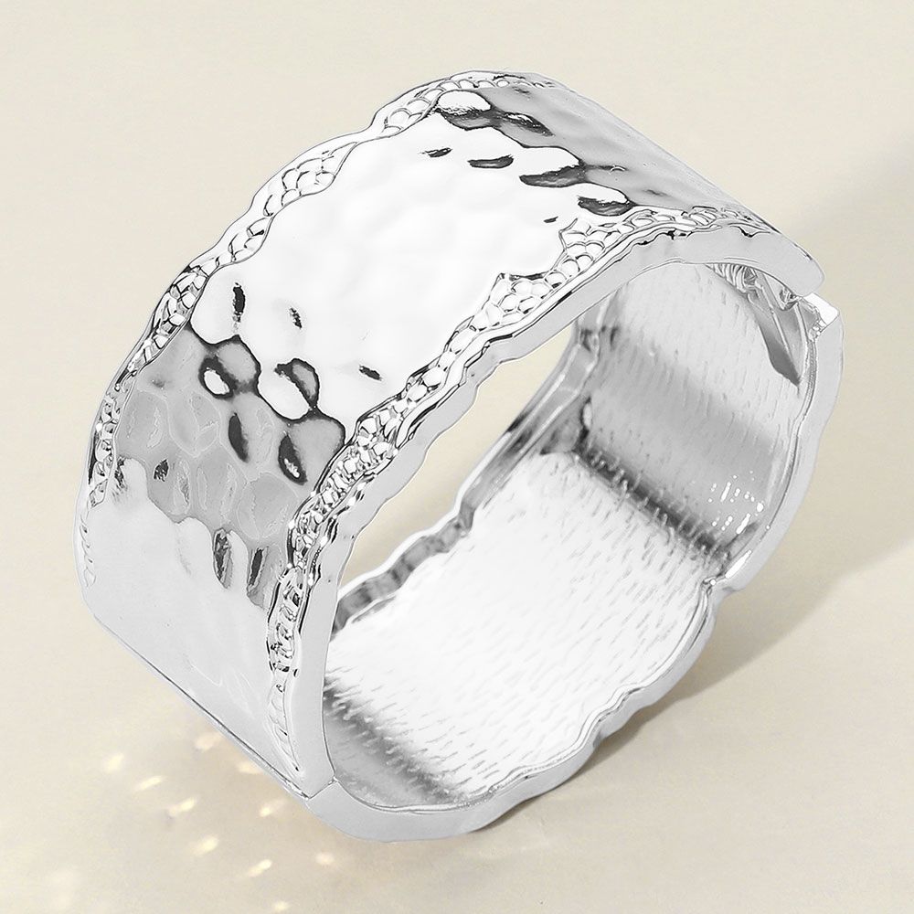 Hammered Metal Wide Hinged Bangle Bracelet - SILVERTONE