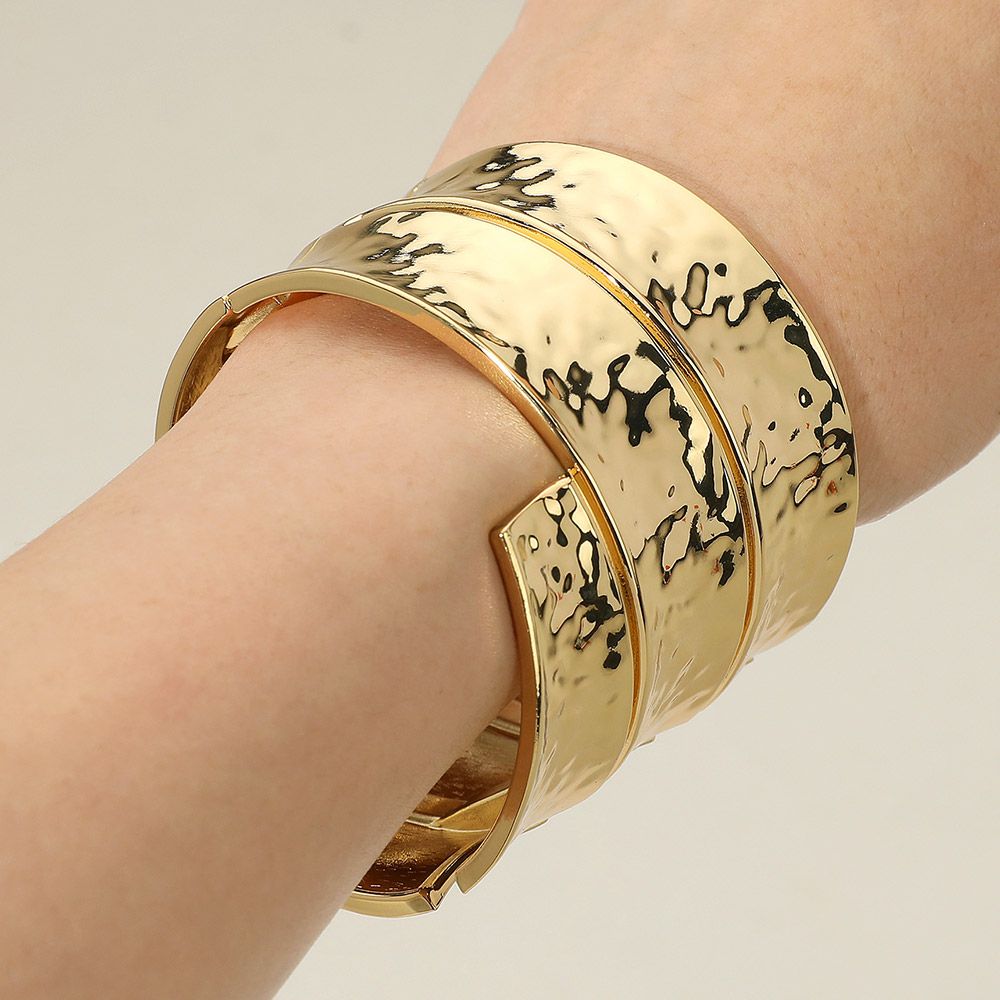 Bold Wide Textured Metal Hinged Bangle Bracelet - GOLDTONE