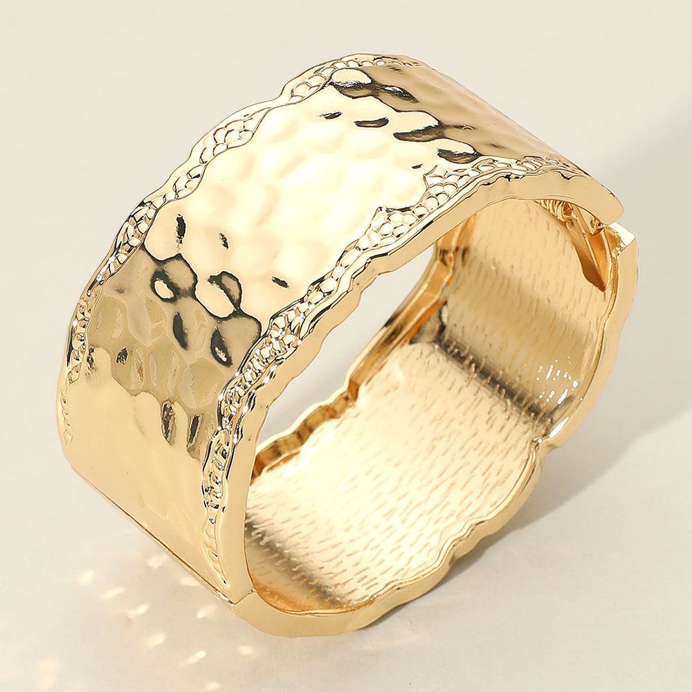 Hammered Metal Wide Hinged Bangle Bracelet - GOLDTONE