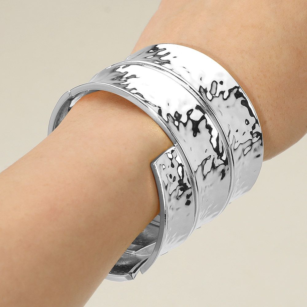 Bold Wide Textured Metal Hinged Bangle Bracelet - SILVERTONE