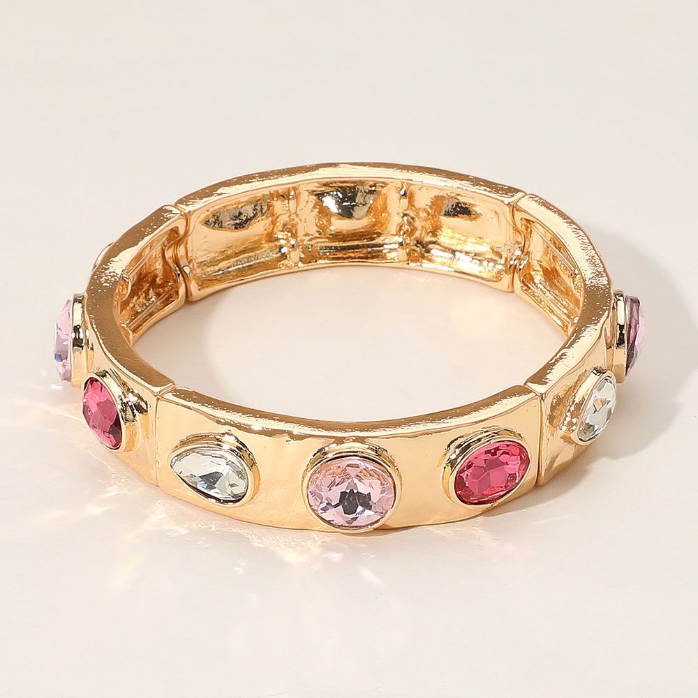 Teardrop Oval Round Stone Embellished Stretch Bracelet - GOLDTONE/PINK