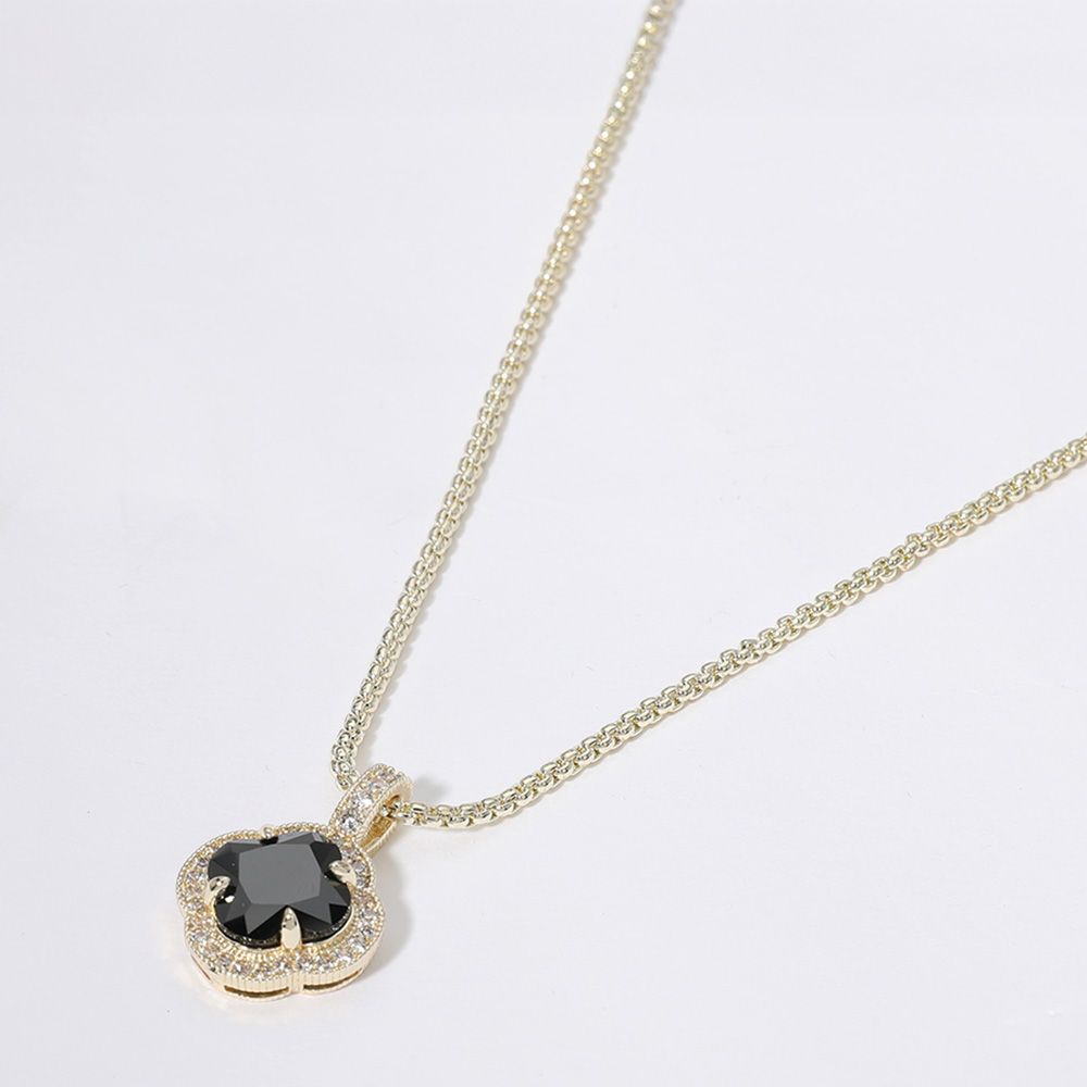 14K Gold Plated Quatrefoil CZ Stone Pendant Necklace - BLACK