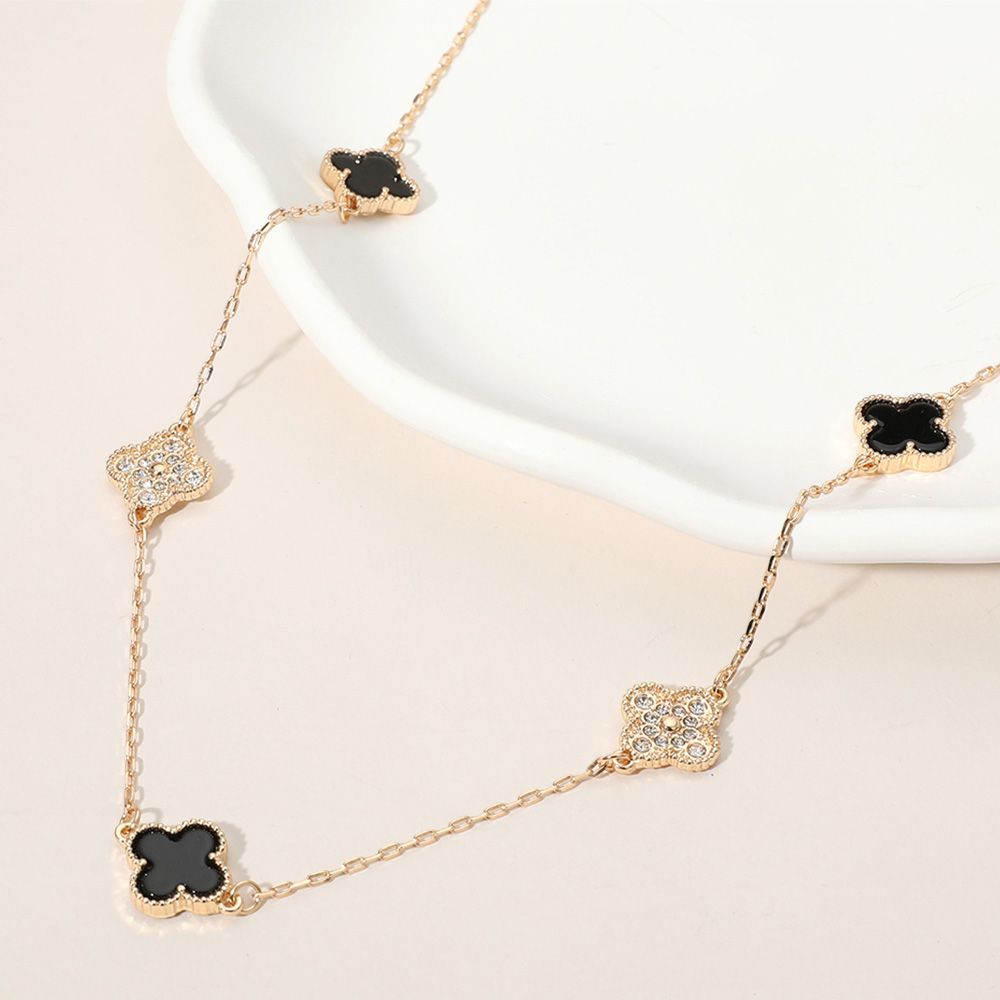 Quatrefoil Station Long Necklace - BLACK