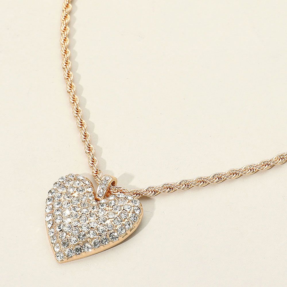 Stone Paved Heart Pendant Twisted Rope Chain Necklace - GOLD