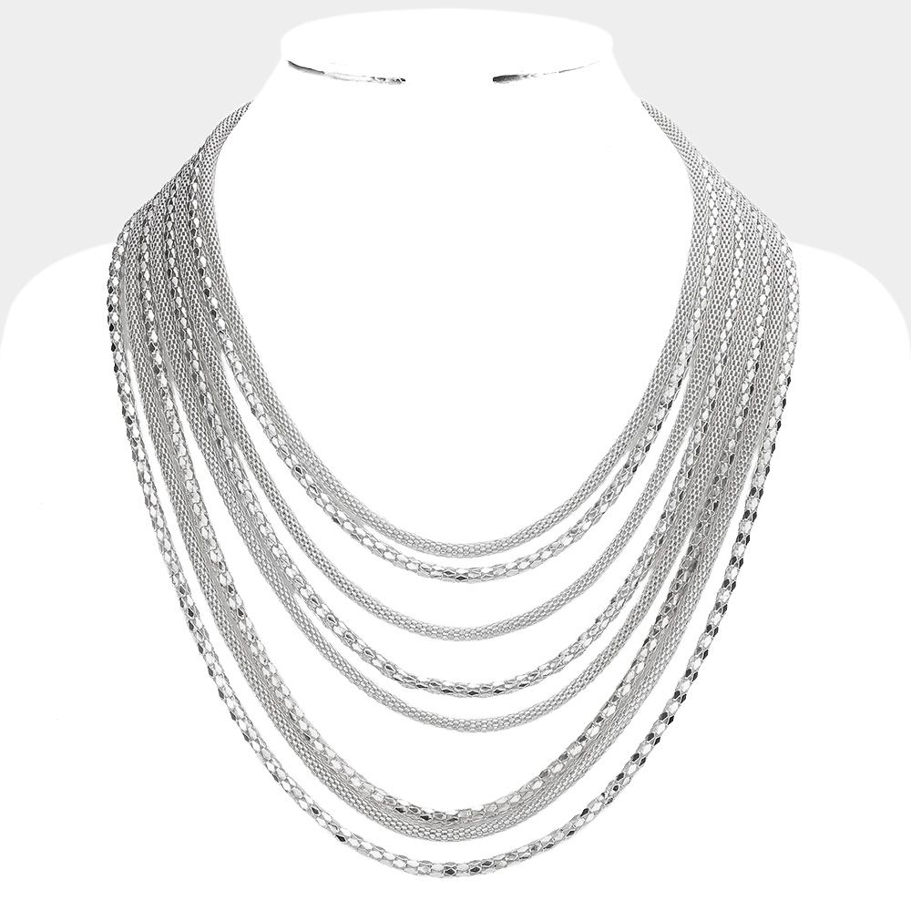 Multi Layered Chain Waterfall Bib Necklace - SILVER