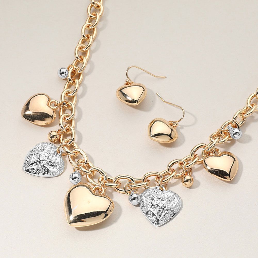 Metal Heart Charm Station Chunky Chain Necklace &amp; Earrings Set - GOLD/SILVER