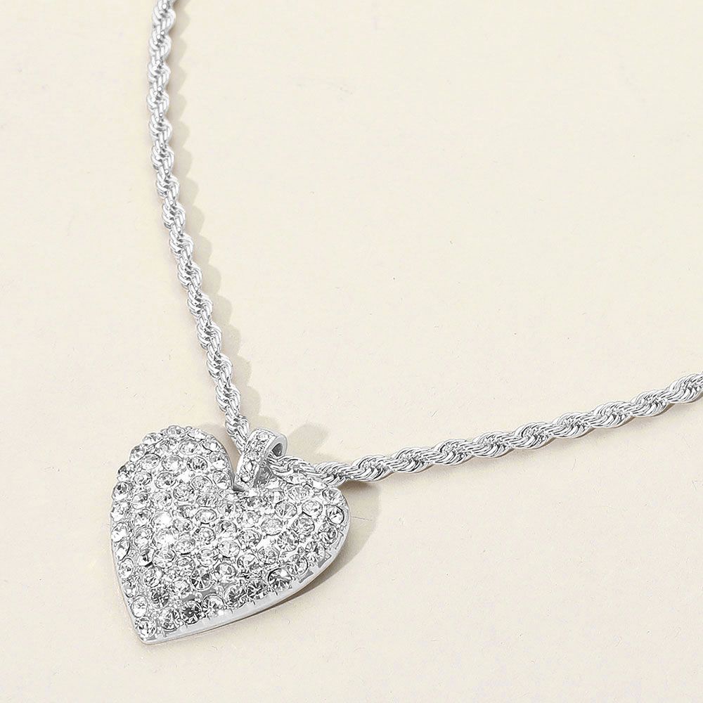 Stone Paved Heart Pendant Twisted Rope Chain Necklace - SILVER