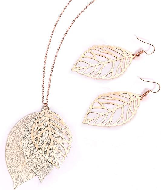 LEAF NECKLACE &amp; EARRINGS SET - ROSE GOLD/SILVER