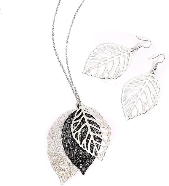 LEAF NECKLACE &amp; EARRINGS SET - BLACK/SILVER