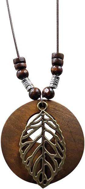 Wooden Pendant Necklace with BRONZE LEAF