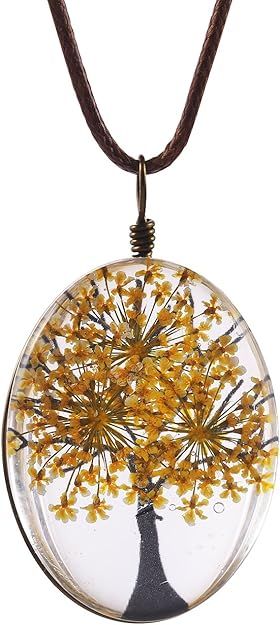 Queen Anne&#39;s Lace Oval Pendant Corded Necklace - YELLOW