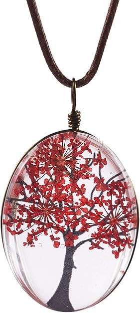 Queen Anne&#39;s Lace Oval Pendant Corded Necklace - RED