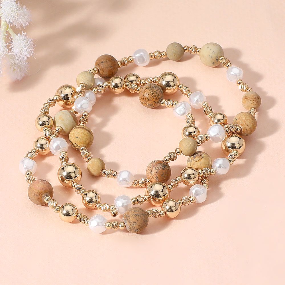 3PCS - Natural Stone Metal Ball Pearl Beaded Stretch Multi Layered Bracelet Set