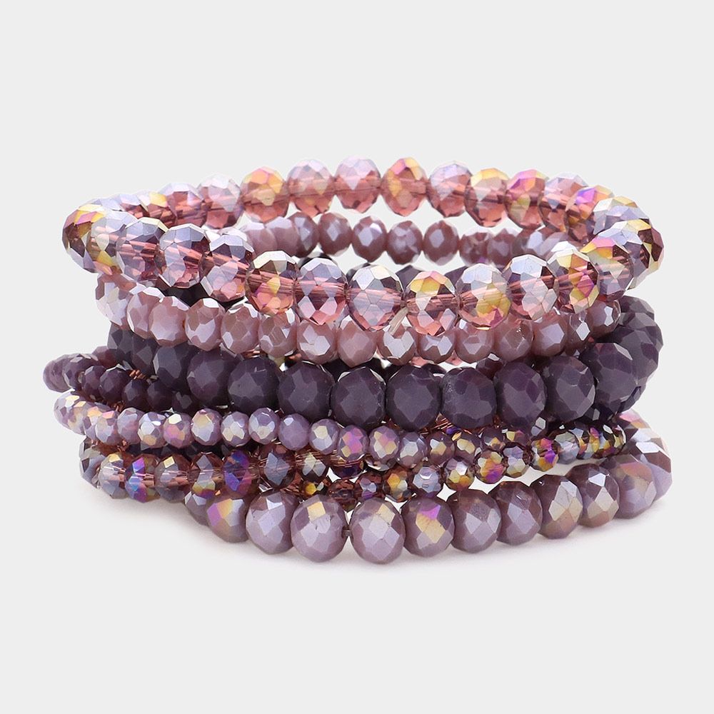 9PCS - Faceted Bead Stretch Bracelet Set - PURPLE