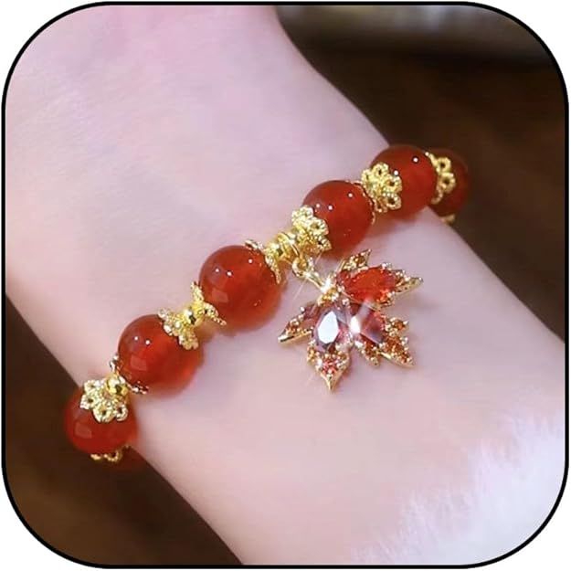 MAPLE LEAF CHARM BEADED STRETCH BRACELET - RED ORANGE