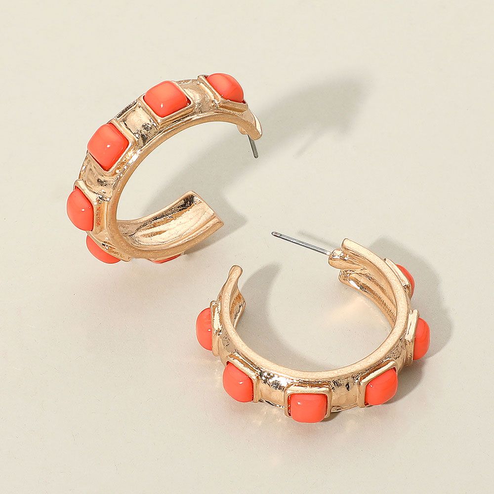 Chunky Stone Embellished Hoop Earrings - ORANGE