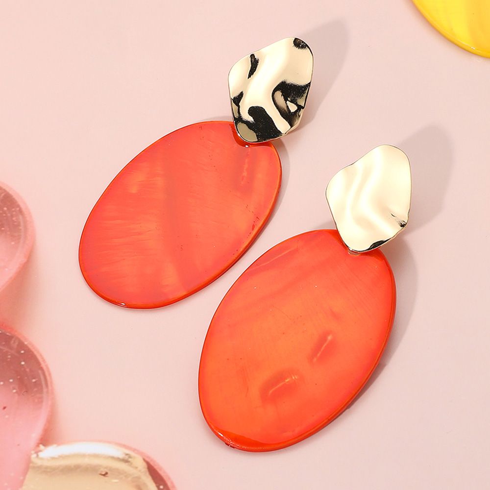 Mother of Pearl Oval Plate Dangle Earrings - ORANGE