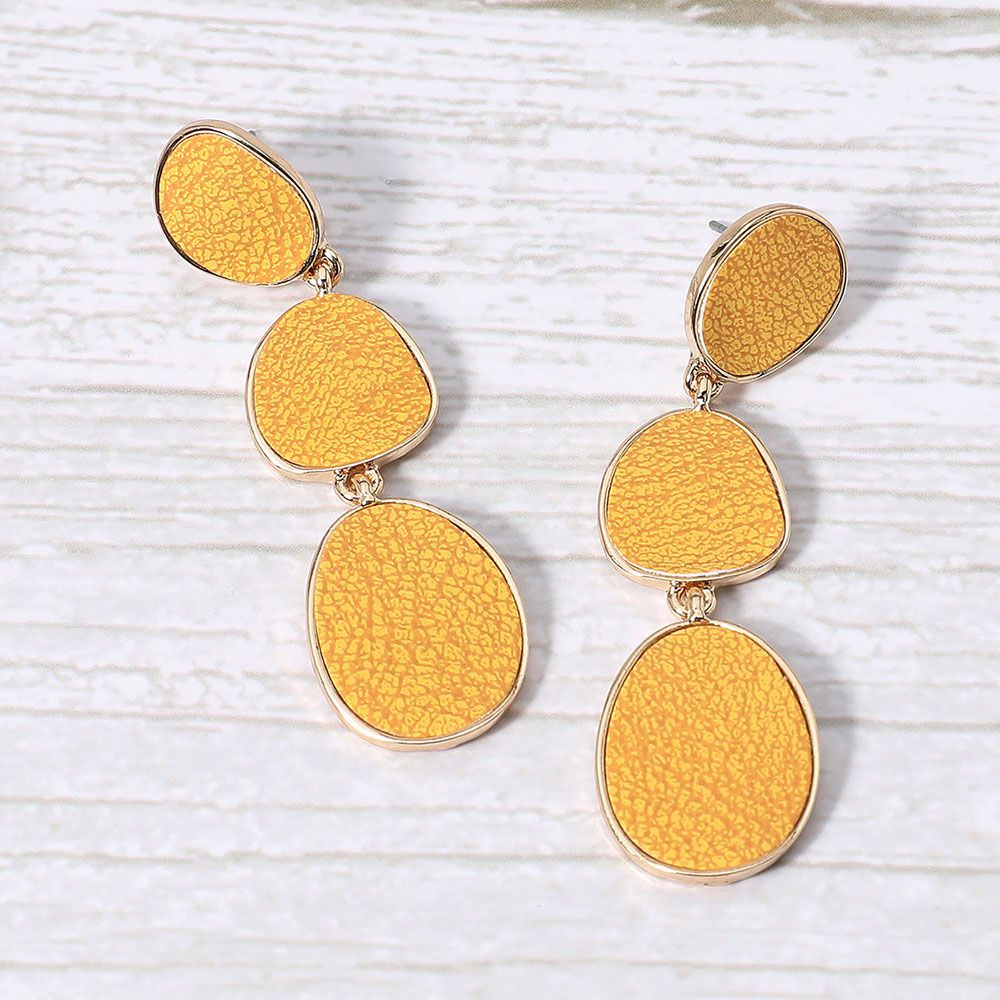 Faux Leather Metal Triple Abstract Plate Link Dangle Earrings-GOLDENROD