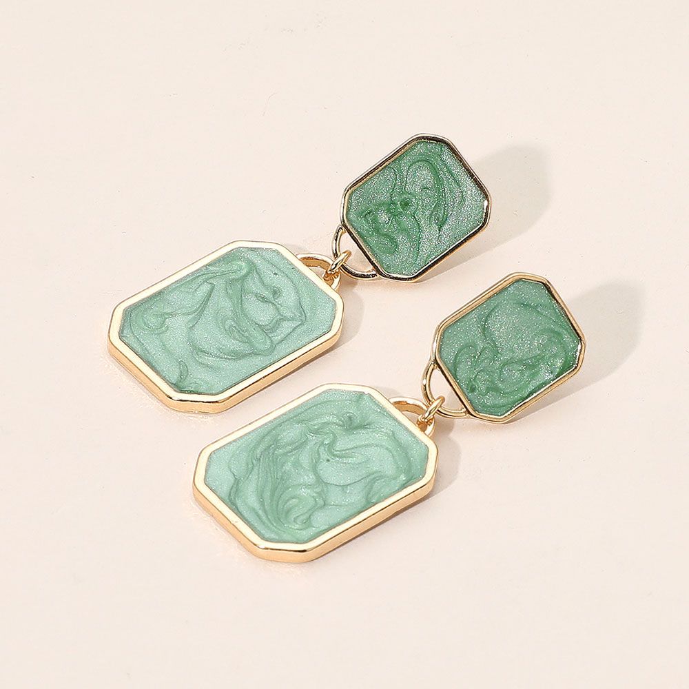 Marbled Resin Rectangle Plate Dangle Earrings - GREEN