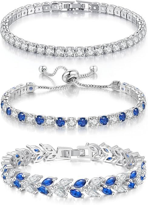 3 Pcs Tennis Bracelet Set 14K Gold Plated CZ - SILVER/SAPPHIRE BLUE