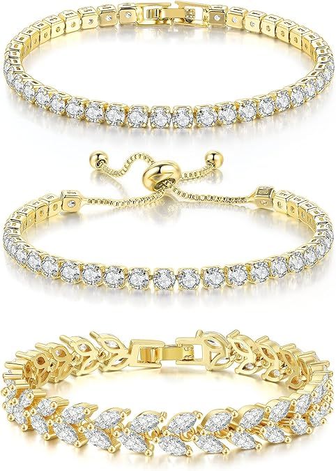 3 Pcs Tennis Bracelet Set 14K Gold Plated CZ - GOLD