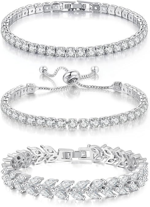 3 Pcs Tennis Bracelet Set 14K Gold Plated CZ - SILVER