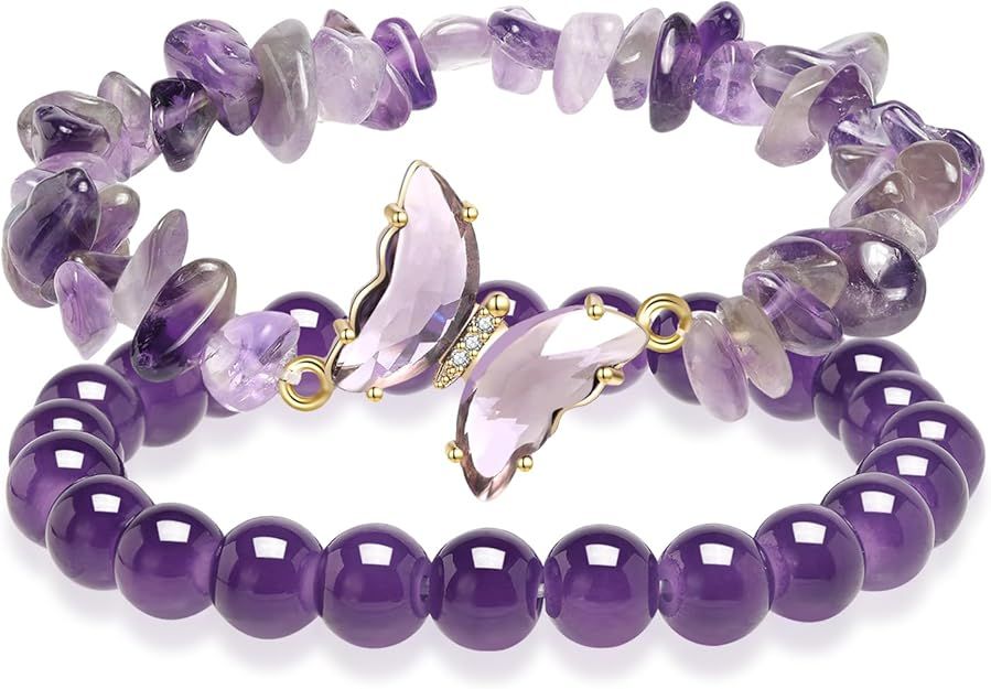 2 PIECE STONE STRETCHABLE BUTTERFLY BRACELET SET - PURPLE