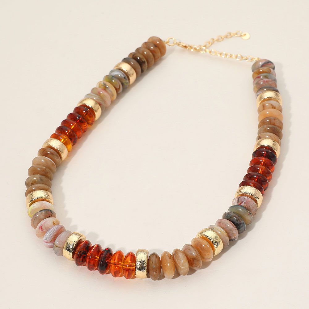 Chunky Resin Disc Beaded Necklace - BROWN/GOLD/AMBER
